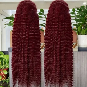 13×4 Lace Frontal Wig 99J Burgundy Deep Wave Human Hair 24 Inch