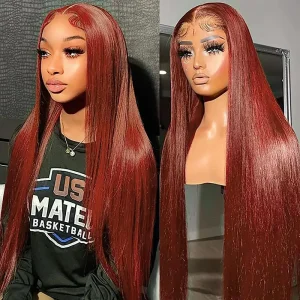 Colored Human Hair Wig Straight Reddish Brown 13×4 Lace 20 Inch