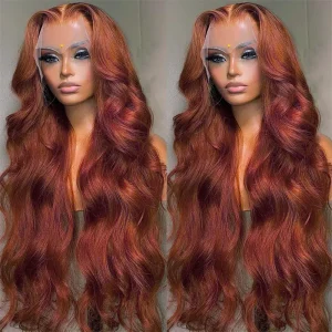 Colored Human Hair Wig Body Wave Copper Red 24 Inch