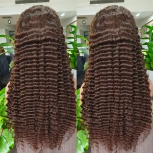 Colored Human Hair Wig Deep Wave Brown 24 Inch