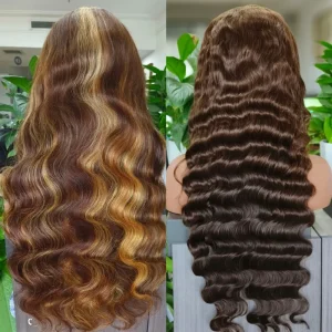 Colored Human Hair Wig Highlight Brown Lace Front 22 Inch