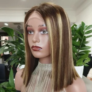 Short Bob Wig Human Hair Highlight Straight 12 Inch