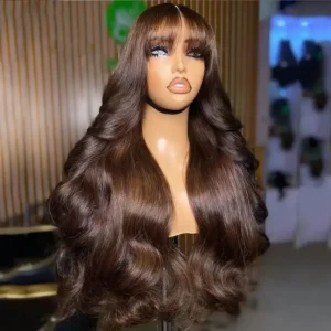Human Hair Wig with Bangs Brown Lace Front 20 Inch