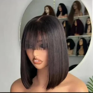 Human Hair Wig with Bangs Virgin Bob Glueless 12 Inch