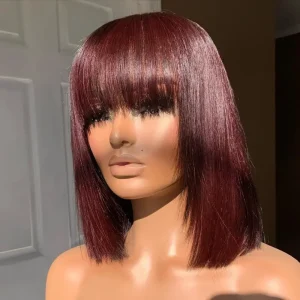 Human Hair Wig with Bangs 99J Red Bob 12 Inch