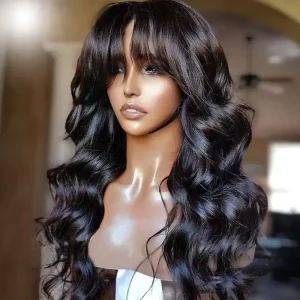 Human Hair Wig with Bangs Body Wave Bob Glueless 14 Inch