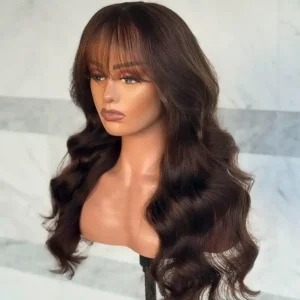 Human Hair Wig with Bangs Body Wave Brown HD Lace 26 Inch