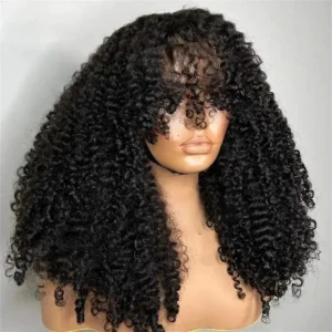 Human Hair Wig with Bangs Curly Bob Glueless 12 Inch