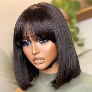 Human Hair Wig with Bangs Bob 14 Inch