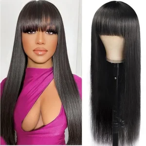Human Hair Wig with Bangs Straight 16 Inch