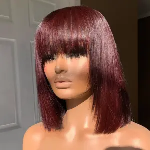 Human Hair Wig with Bangs 99J Red Bob 12 Inch