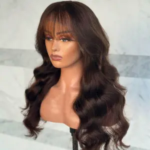 Human Hair Wig with Bangs Body Wave Brown HD Lace 26 Inch