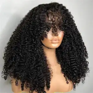 Human Hair Wig with Bangs Curly Bob Glueless 12 Inch